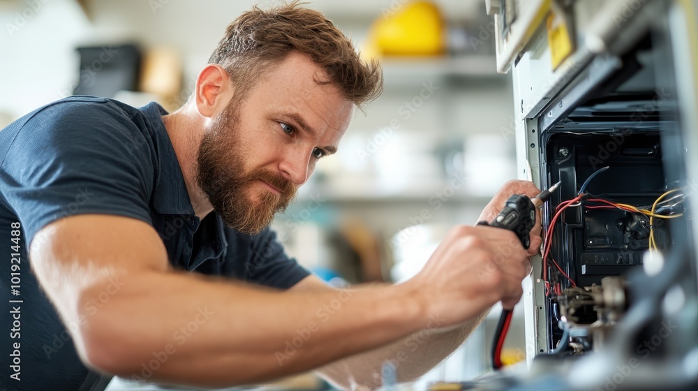 An engineer in a dark polo shirt uses specialized tools to work on machinery, conveying expertise and technical problem-solving in an industrial setting. An engineer in a dark polo shirt uses specialized tools to work on machinery, conveying expertise and technical problem-solving in an industrial setting.