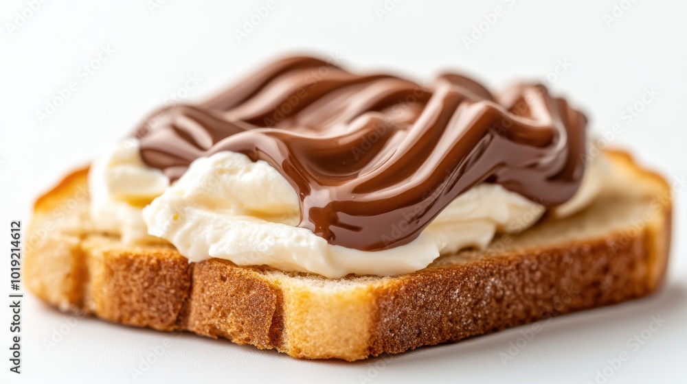 A close-up of a bread slice topped with a generous layer of whipped cream and chocolate spread, offering a tempting texture and flavor combination. A close-up of a bread slice topped with a generous layer of whipped cream and chocolate spread, offering a tempting texture and flavor combination.