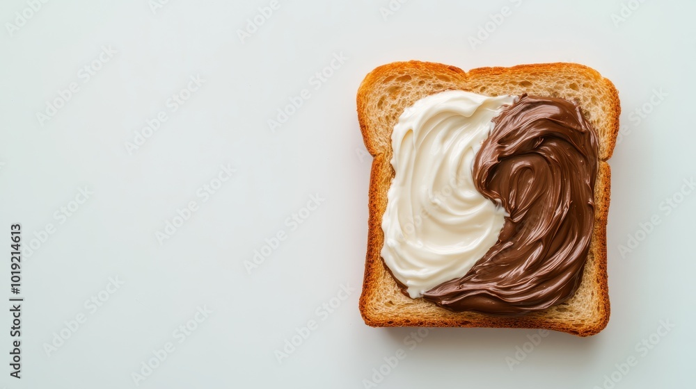 A slice of bread with a beautiful swirl of chocolate and vanilla spreads, artistically arranged to create an eye-catching and delicious design. A slice of bread with a beautiful swirl of chocolate and vanilla spreads, artistically arranged to create an eye-catching and delicious design.