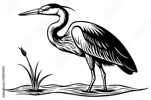 Cute Heron catching fish vector art illustration 