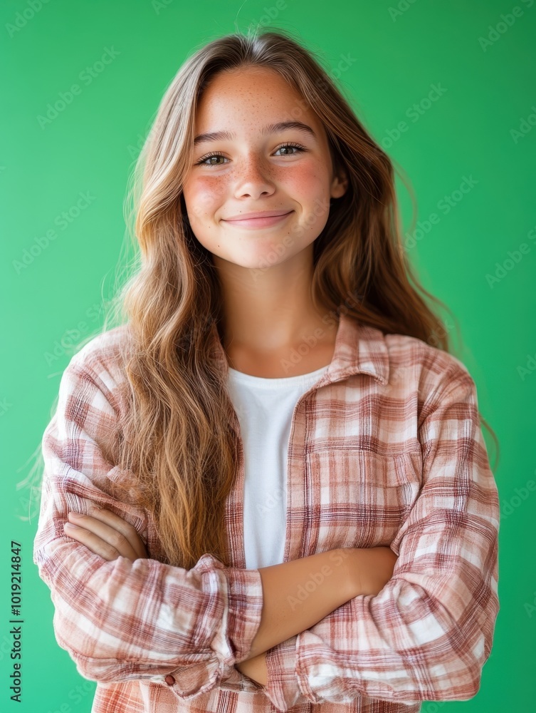 A cheerful young girl in a checkered shirt poses with arms crossed on a green background, radiating innocence and youthful energy, embodying carefree spirit. A cheerful young girl in a checkered shirt poses with arms crossed on a green background, radiating innocence and youthful energy, embodying carefree spirit.