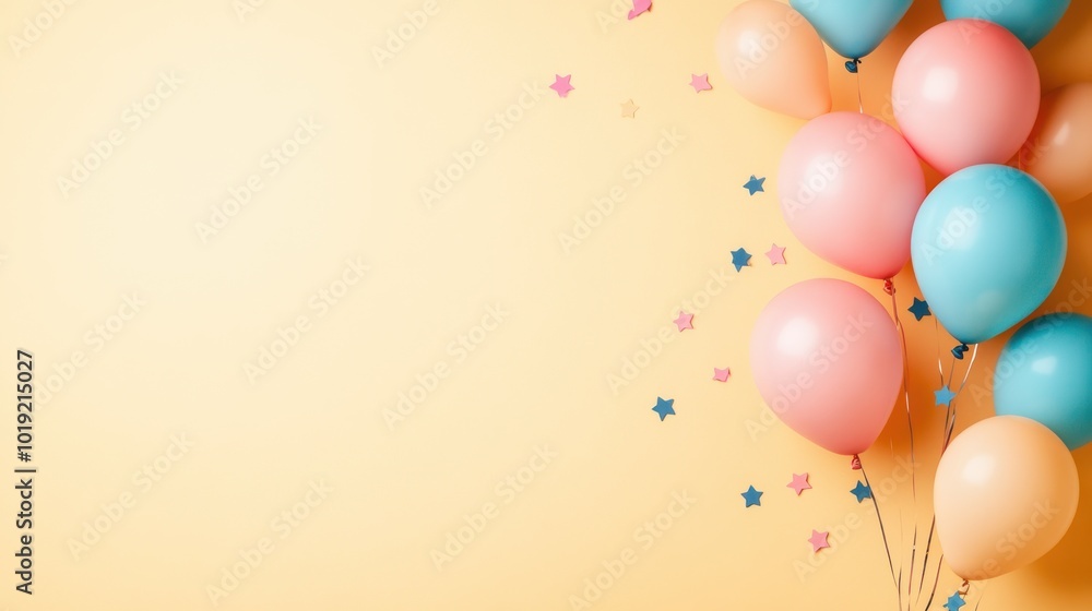 Image shows pink and blue balloons with star-shaped confetti on a light yellow background, conveying a celebratory and joyful atmosphere with vibrant colors. Image shows pink and blue balloons with star-shaped confetti on a light yellow background, conveying a celebratory and joyful atmosphere with vibrant colors.