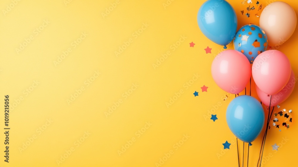 A vivid arrangement of blue, pink, and patterned balloons accompanies star and confetti elements, all set on a rich yellow background, suggesting festive celebration. A vivid arrangement of blue, pink, and patterned balloons accompanies star and confetti elements, all set on a rich yellow background, suggesting festive celebration.