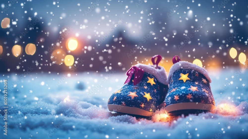 Fototapeta premium Festive baby shoes in snow with stars and winter lights celebrating happy st. nicholas day ai