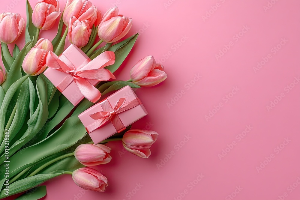Pink tulips and gifts on pink. Perfect for Mother's Day, Valentine's Day, or any occasion. Pink tulips and gifts on pink. Perfect for Mother's Day, Valentine's Day, or any occasion.
