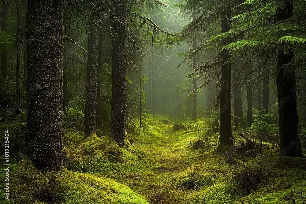 Fototapeta premium Enchanting green forest with sunlight filtering through branches, casting shadows on the moss-covered ground, creating a serene atmosphere.