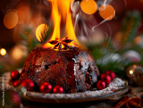 Flaming Christmas pudding with brandy, surrounded by festive decorations, creates warm and joyful atmosphere. photo