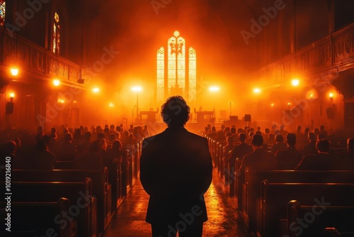 preacher passionately delivering a sermon in a vibrant megachurch surrounded by an engaged audience highlighted by warm glowing lights that create a spiritual atmosphere