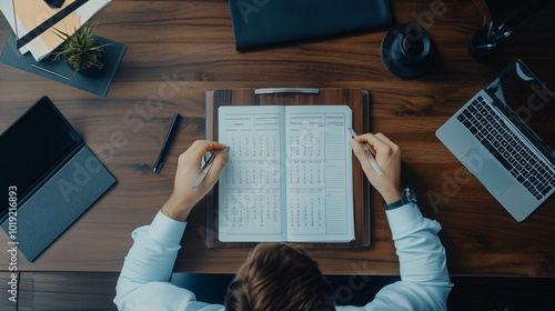 In the photo, the worker relies on a detailed calendar and planner to organize their schedule and meet deadlines efficiently photo