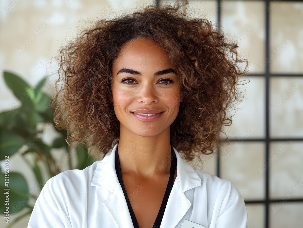 Portrait of a confident female doctor with curly hair in a medical office Portrait of a confident female doctor with curly hair in a medical office