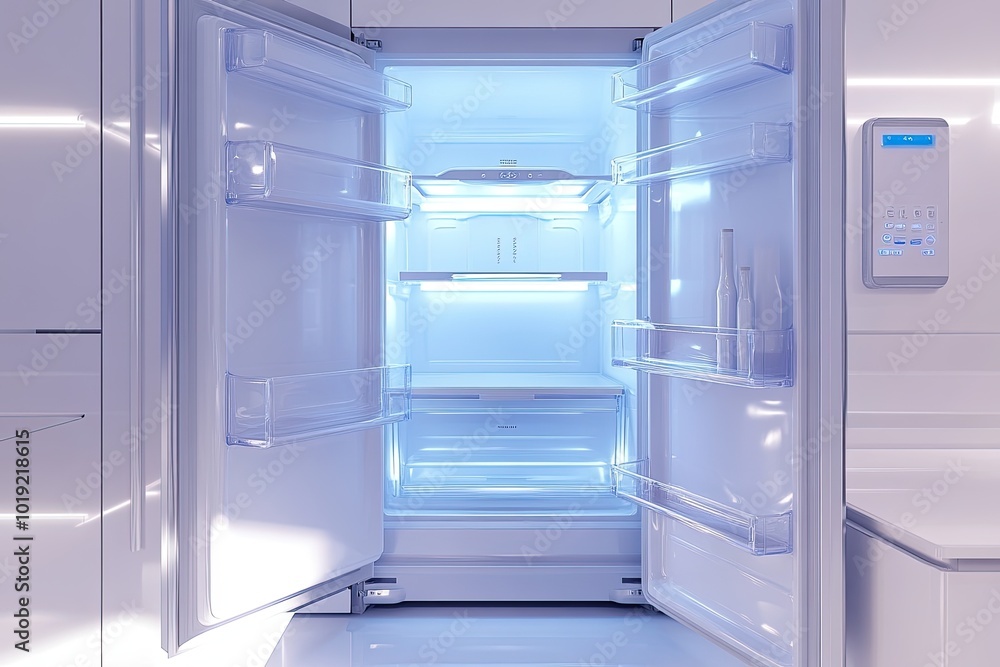 Empty fridge with open doors. Use for food storage, appliance or kitchen design. Empty fridge with open doors. Use for food storage, appliance or kitchen design.