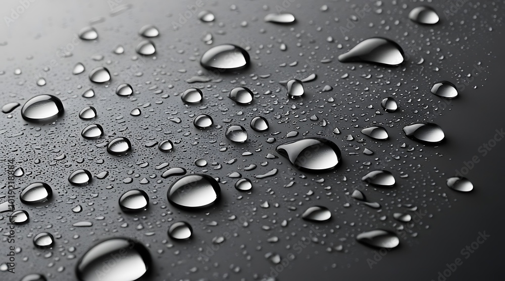close up view of water droplets with different sizes scattered across a smooth, dark gray metallic texture close up view of water droplets with different sizes scattered across a smooth, dark gray metallic texture
