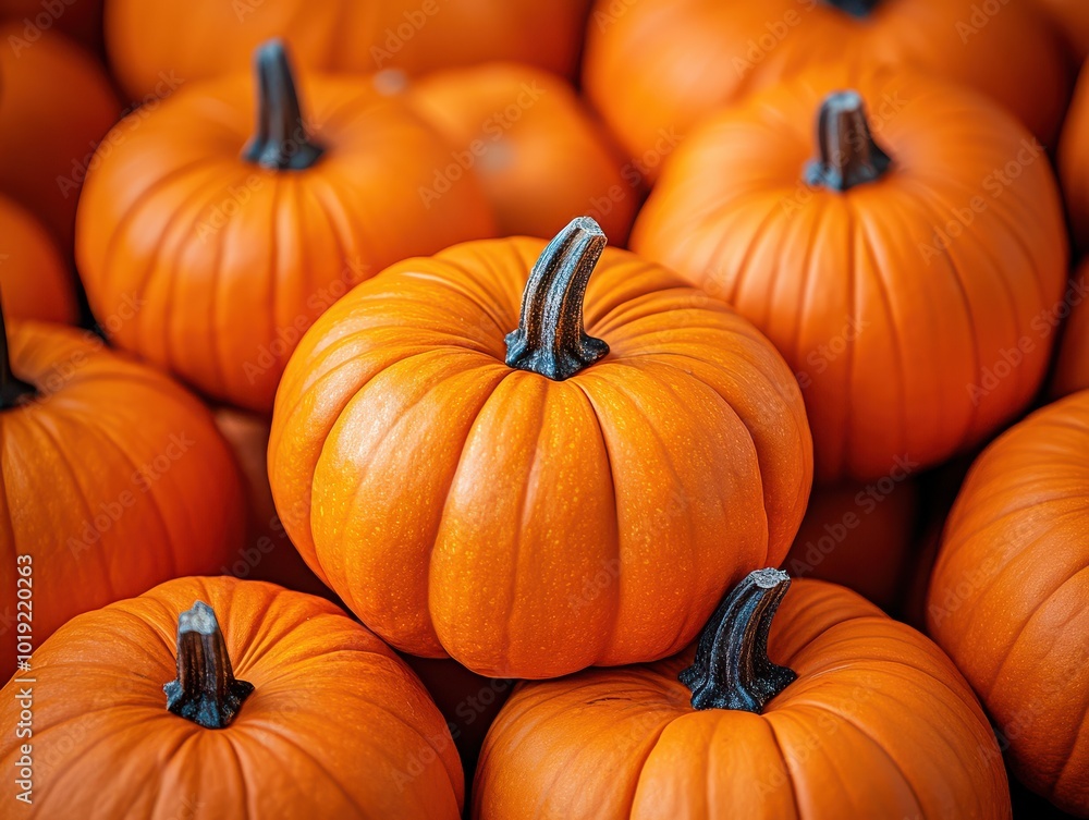 Close-up of bright orange pumpkins with textured stems Close-up of bright orange pumpkins with textured stems