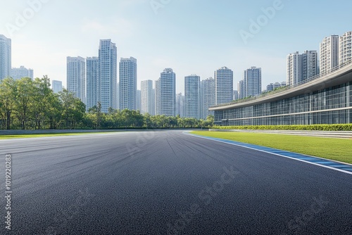 Empty race track with city skyline. Ideal for showcasing speed, power and urban landscapes.