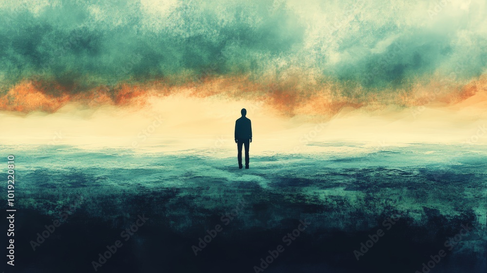 Silhouette of a man standing alone on a vast landscape. Silhouette of a man standing alone on a vast landscape.