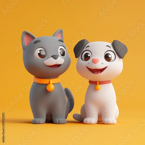 3D Cat and Puppy Icon: Adorable Pet Companions Illustration Logo