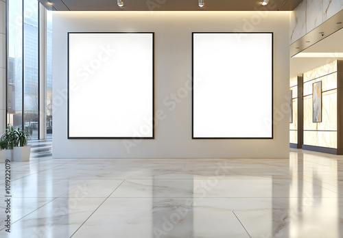 Two blank white partitions with space for advertising posters or marketing campaigns in the industrial gallery hall with black benches on a concrete floor and a grey wall background design