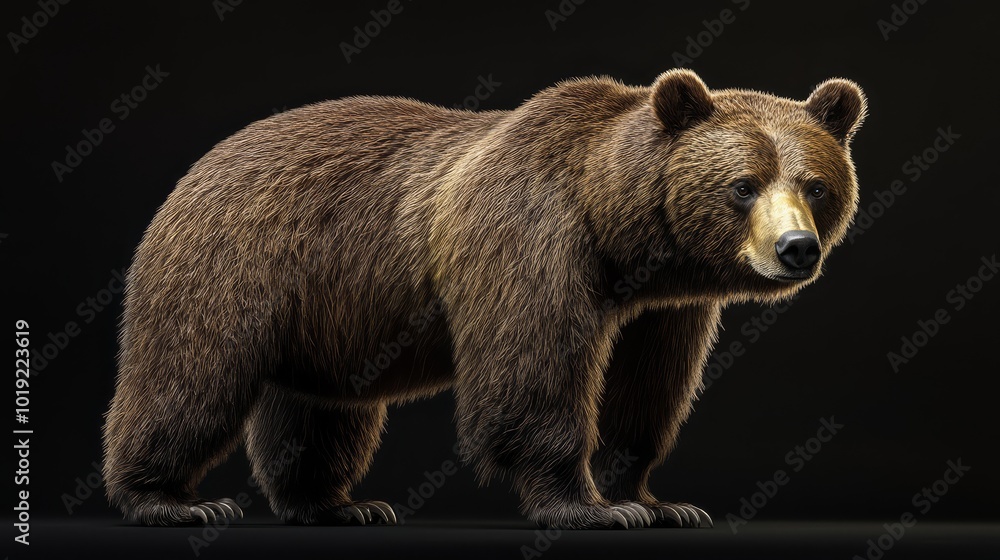 Obraz premium Majestic brown bear standing in a natural pose against a dark background, showcasing its powerful physique and thick fur.