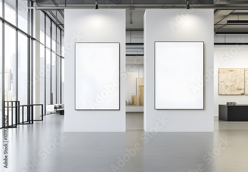 Two blank white partitions with space for advertising posters or marketing campaigns in the industrial gallery hall with black benches on a concrete floor and a grey wall background design