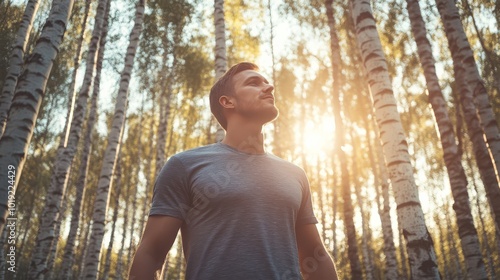 Man standing in a sunlit forest, surrounded by tall trees, enjoying nature. Perfect for themes of adventure, tranquility, and exploration. photo