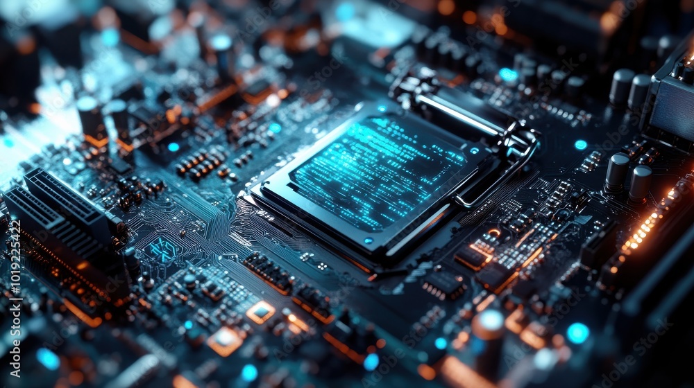 futuristic computer motherboard, high-end computer imagery, glowing data streams, neon blue and silver tones, advanced technology, holographic interfaces, dynamic lighting futuristic computer motherboard, high-end computer imagery, glowing data streams, neon blue and silver tones, advanced technology, holographic interfaces, dynamic lighting