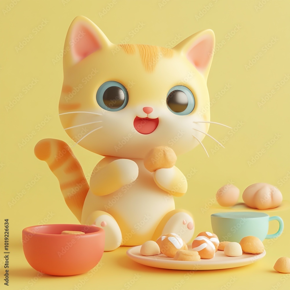 3D Cat with Treats Icon: Pet Enjoying Tasty Rewards Illustration Logo 3D Cat with Treats Icon: Pet Enjoying Tasty Rewards Illustration Logo