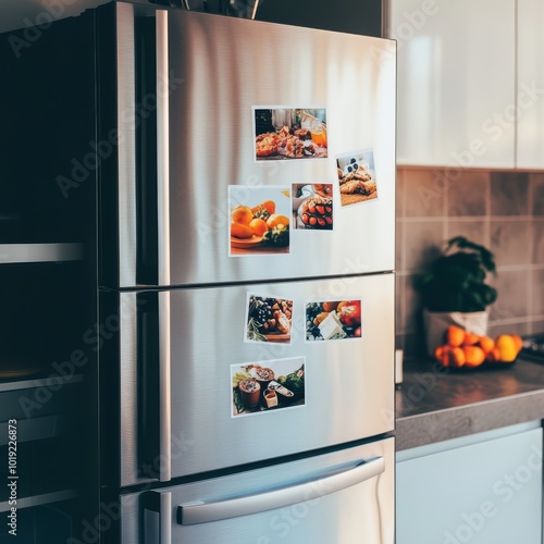 Modern kitchen with stainless steel fridge adorned with colorful magnets and vibrant photos, adding a personal touch to the decor.