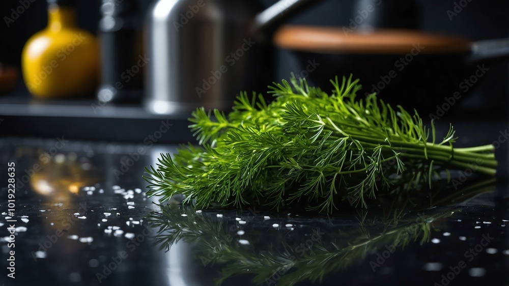 Fototapeta premium Aesthetic preparation of dill on a black themed kitchen. bokeh style. 