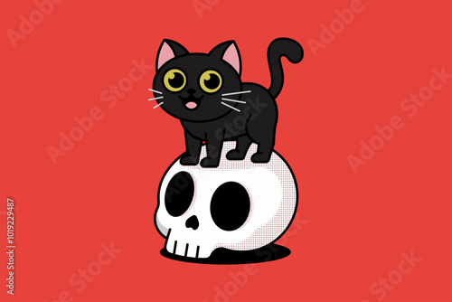 Mysterious Black Cat Perched on a Skull in a Spooky Setting