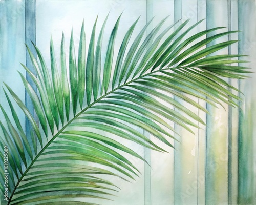 Green palm with reeded glass. Refreshing gradient background with stylish transparent elements. Ribbed Background. Cosmetic template on beautiful magazine decor. White Reeded Glass. Plant leaves.
