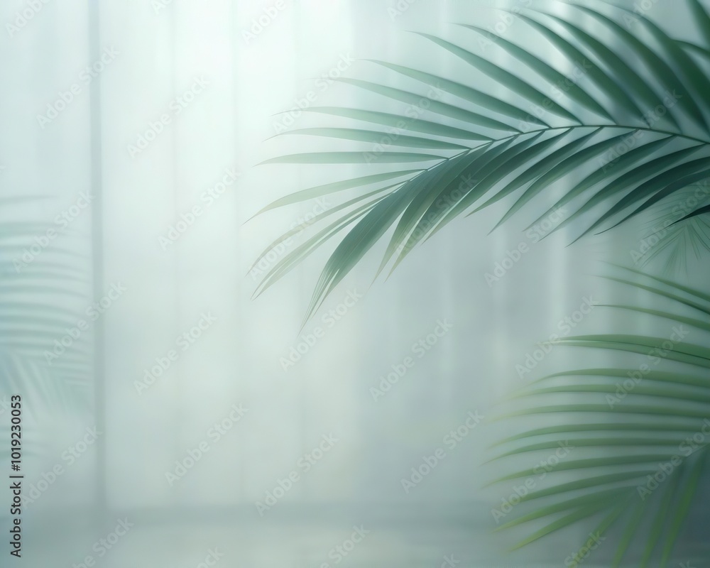 Green palm with reeded glass. Plant leaves. Refreshing gradient background with stylish transparent elements. Beautiful summer decor with luxury concept. White Reeded Glass. Ribbed Background. Green palm with reeded glass. Plant leaves. Refreshing gradient background with stylish transparent elements. Beautiful summer decor with luxury concept. White Reeded Glass. Ribbed Background.