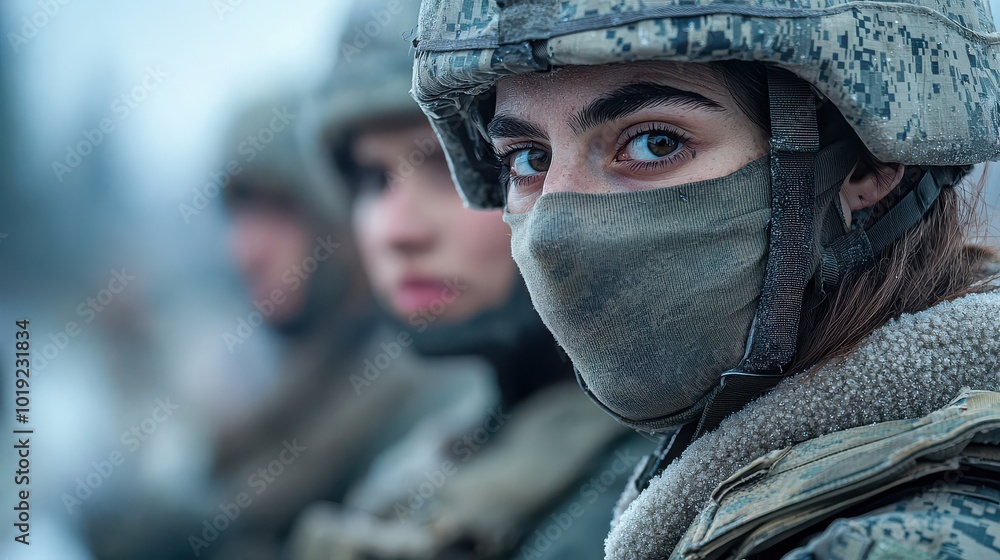 Female soldier in camouflage with face mask, focused during training Female soldier in camouflage with face mask, focused during training