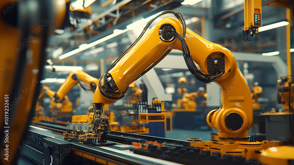 Futuristic factory with autonomous robots assembling products in an efficient line Futuristic factory with autonomous robots assembling products in an efficient line