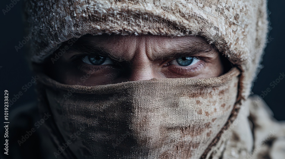 Close-up portrait of a man with blue eyes wearing desert camouflage mask Close-up portrait of a man with blue eyes wearing desert camouflage mask