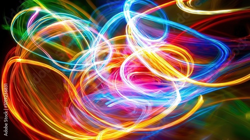 A vibrant display of colorful swirling light trails against a dark background, showcasing dynamic patterns and a sense of movement.