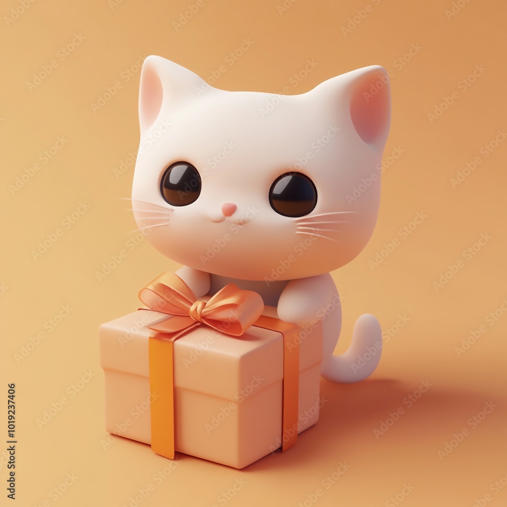 3D Kitten with Gift Box Icon: Adorable Pet and Festive Gift 3D Kitten with Gift Box Icon: Adorable Pet and Festive Gift