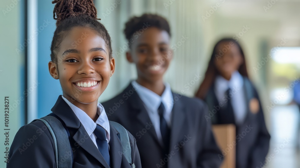 Smiling students in school uniforms standing together in a bright hallway, expressing positivity and confidence in an academic environment. Smiling students in school uniforms standing together in a bright hallway, expressing positivity and confidence in an academic environment.
