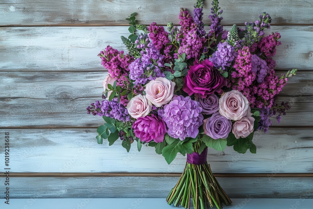 Naklejka premium purple and green floral bouquet against a white wooden wall elegant and vibrant perfect for adding a touch of nature and beauty to any decor