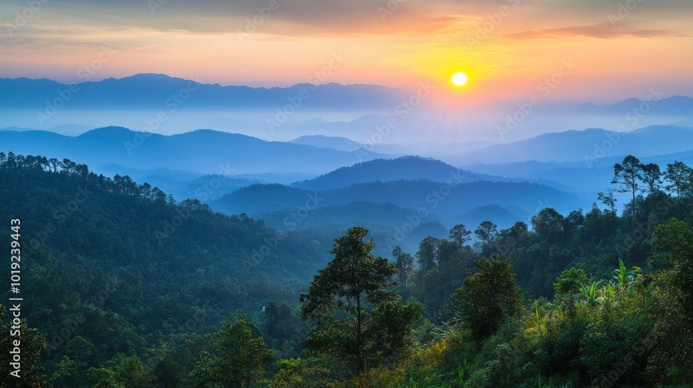 A breathtaking view of a mountain range at sunrise, with the sun shining brightly over a sea of fog. A breathtaking view of a mountain range at sunrise, with the sun shining brightly over a sea of fog.