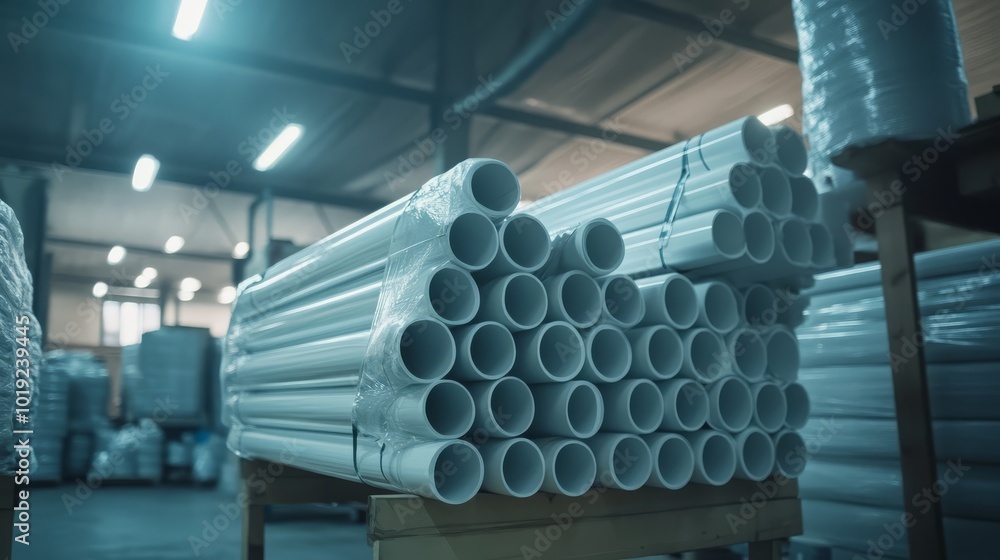 Stack of white PVC pipes in an industrial warehouse, illuminated by overhead lighting, creating a modern and efficient vibe. Stack of white PVC pipes in an industrial warehouse, illuminated by overhead lighting, creating a modern and efficient vibe.