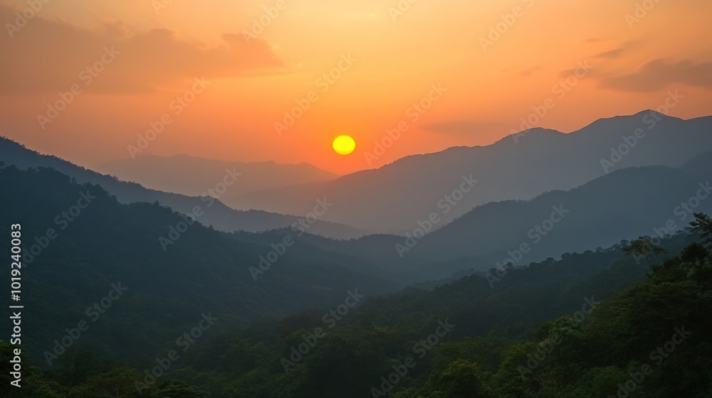 A vibrant orange sunset over a misty mountain range with a dark green forest in the foreground. A vibrant orange sunset over a misty mountain range with a dark green forest in the foreground.