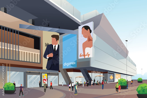 People Outside Shopping Mall Illustration