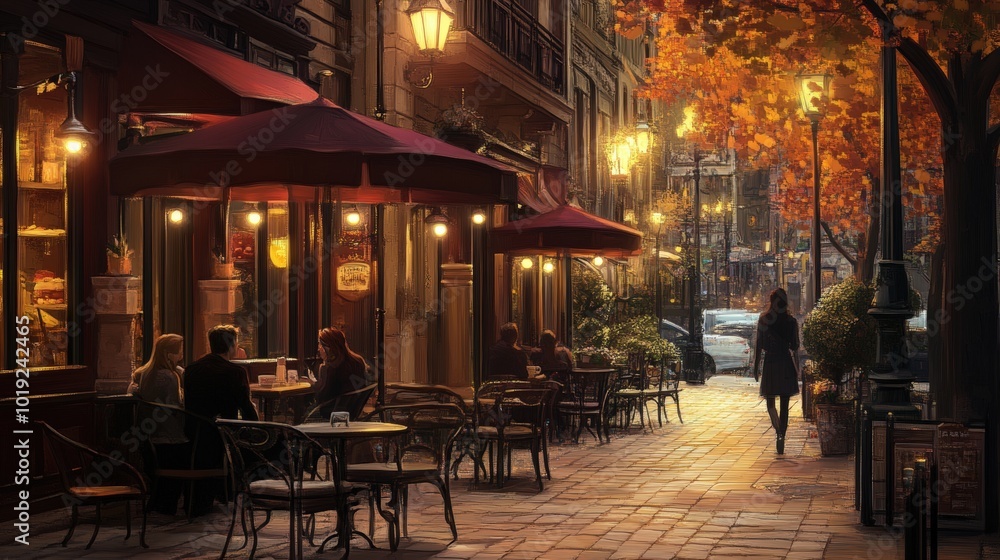 Evening cafe with people and fall foliage. Evening cafe with people and fall foliage.