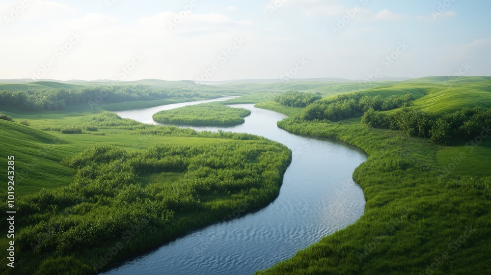 Serpentine river winds through lush green hills. Serpentine river winds through lush green hills.