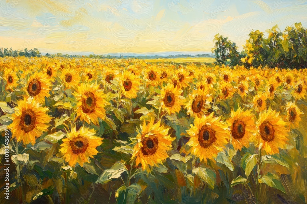 Obraz premium Oil painting of a field of sunflowers.