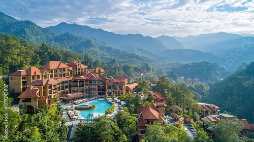 Scenic mountain resort featuring lush greenery, a swimming pool, and picturesque architecture under a cloudy sky.