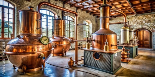 Vintage copper distillation equipment, featuring a ornate boiler and curved gooseneck pipe, on display in a rustic spirits production facility in Haute-Provence, France. photo