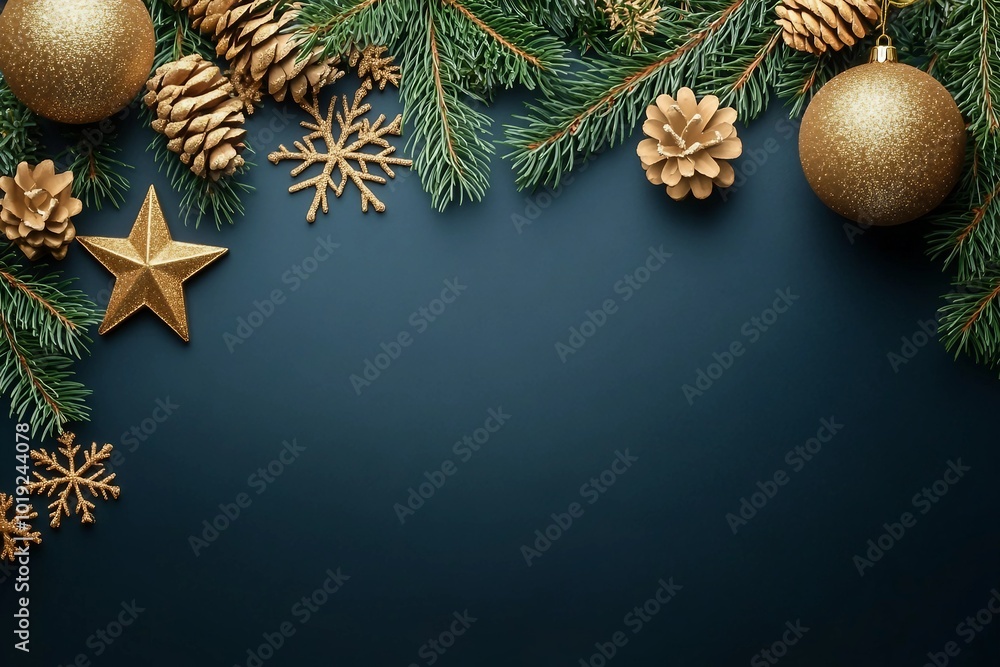 Christmas and new year background concept. Top view of Christmas ball, christmas brance, star and snowflake on dark background. Christmas and new year background concept. Top view of Christmas ball, christmas brance, star and snowflake on dark background.