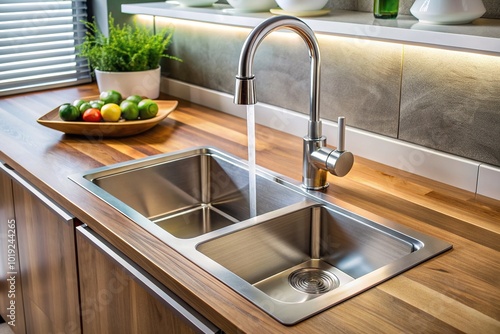 Modern kitchen sink with sleek design, featuring a rectangular basin, faucet for controlled water flow, and built-in water purification system for clean drinking water. photo