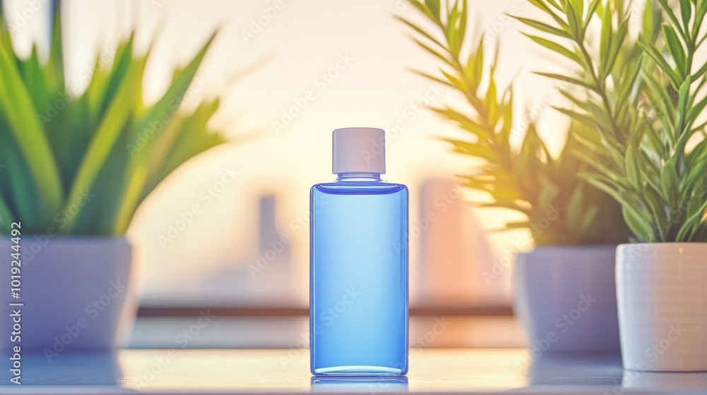 Blue liquid bottle on a table, with potted plants out of focus in the background. Blue liquid bottle on a table, with potted plants out of focus in the background.
